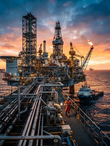 Wide panoramic view of an offshore oil rig at sunset, dramatic industrial lighting, high-contrast steel reflections, cool metallic tones with amber accents, sharp focus, 35mm lens, engineer in high-visibility safety gear visible on the deck.