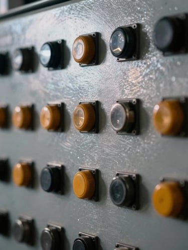Close-up of ruggedized industrial control panel, high-contrast steel reflections, amber accents, sharp focus, 35mm lens, no text.
