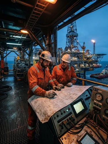 Wide panoramic industrial dramatic photography, high-contrast steel reflections, two engineers in high-visibility safety gear analyzing schematics on a ruggedized control panel, offshore oil rig in the background, cool metallic tones with amber accents, sharp focus, 35mm lens.