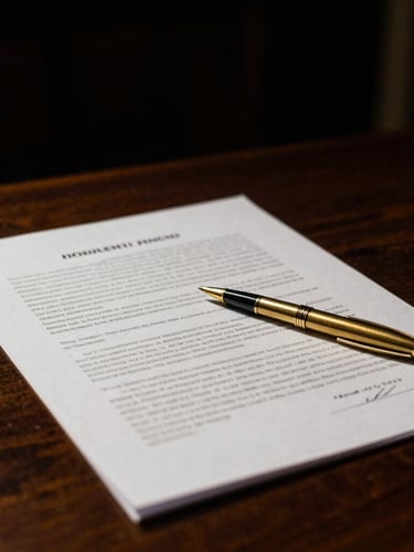 Close-up of signed legal documents on a dark wood desk, low-key lighting, dramatic side-lighting, polished brass pen, high contrast, 35mm film.