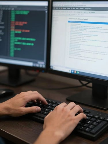 Close-up of a student's hands at a dark workstation, screen in background showing a terminal with network traffic logs and a partially written incident report, cool monitor glow on fingers and keyboard, depth of field blurs background monitors, documentary-style framing, no readable text
