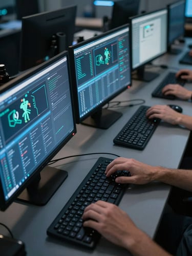 Close-up environmental shot of a cybersecurity lab, angled overhead view of multiple dark workstations with monitors showing SIEM dashboards, cool blue monitor glow reflecting on keyboards and desks, one analyst's hands visible actively typing, ambient dark room with precise task lighting, no text visible