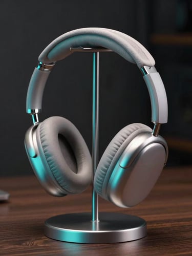 Vertical portrait shot of premium over-ear headphones resting on a sleek metallic stand, soft cyan ambient light reflecting off brushed aluminum, dark workspace background.