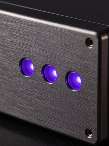 Macro close-up of a dark brushed titanium server panel, glowing violet indicator lights, clean geometric lines, low-key lighting, architectural shadow play