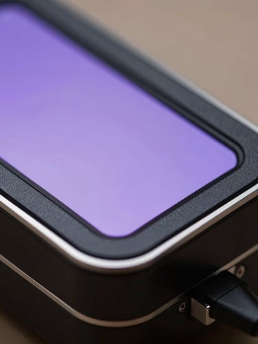 Macro close-up of a premium matte-black metallic card reader, razor-thin silver edge, soft purple screen glow, high-end developer tool aesthetic.