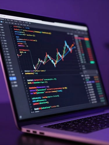 Extreme close-up of a high-end aluminum laptop screen displaying lines of clean code and abstract financial charts, moody purple backlighting, dark ambient studio setting.