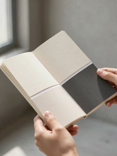 Hands holding a physical paper swatch book against a clean concrete background, soft natural light from a window.