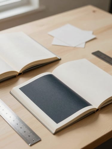 Flat-lay of open architectural books, custom paper swatches, and a steel ruler on a warm cream wooden studio table, soft window light.
