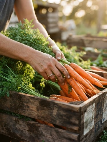 Close-up of hands sorting vibrant fresh carrots and leafy greens into wooden crates, warm golden-hour sunlight, shallow depth of field, 35mm film style