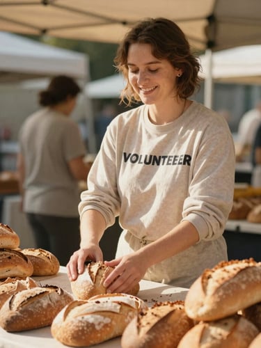 A warm, natural portrait of a volunteer smiling while arranging fresh bread on a market table, soft golden-hour sun, organic tones, shallow depth of field.