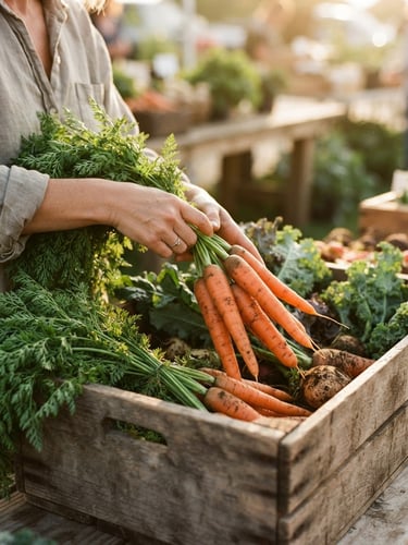 Close-up of hands placing fresh organic carrots and leafy greens into a wooden crate, warm natural golden-hour daylight, shallow depth of field, 35mm film style.