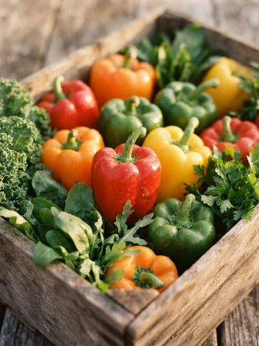A bright, close-up shot of fresh colorful bell peppers and greens in an open wooden crate, natural daylight, soft focus