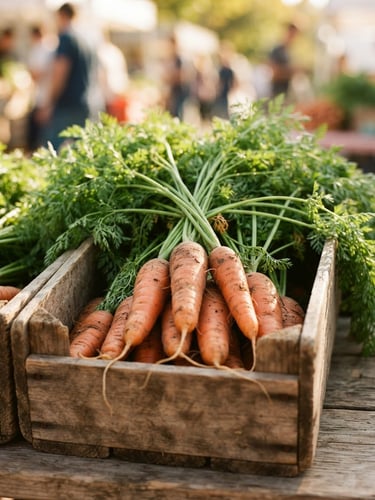 Close-up of fresh organic carrots and leafy greens in a wooden crate, warm natural golden-hour daylight, shallow depth of field