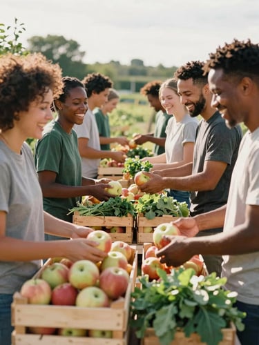 A group of diverse volunteers laughing and packing wooden crates with fresh apples and greens outdoors, bright natural daylight, warm editorial style, 35mm film.