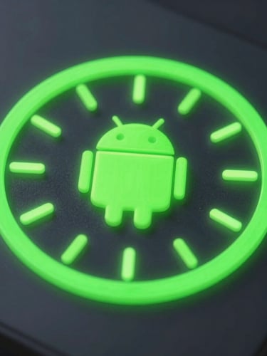 Extreme macro shot of a vibrant 3D digital render showing a glowing neon-green dial on a dark charcoal Android widget interface, soft physical shadows, macro depth of field