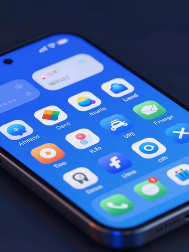 Close-up of a customized Android home screen displaying clean, electric-blue utility widgets, dark studio environment, neon glow, high-fidelity 3D render
