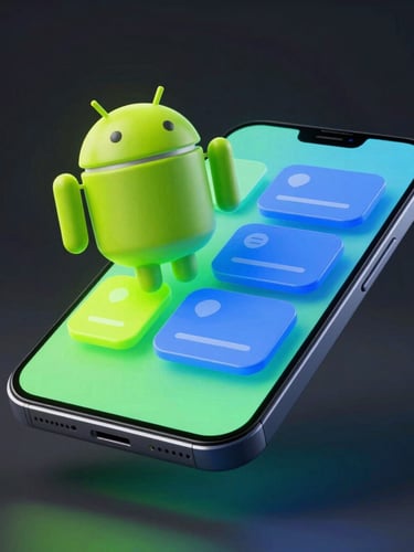 A high-fidelity 3D render of a sleek Android device floating in a dark studio, screen glowing with vibrant neon-green and electric-blue interactive widgets casting soft physical shadows, macro depth of field.