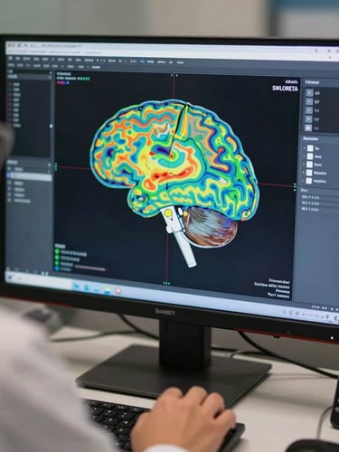 Close-up medium shot of a monitor screen displaying a swLORETA brain-map visualization — colored topographic contours on a dark background, a clinician's hand resting near the console edge, clinical task lighting, sharp and documentary in feel