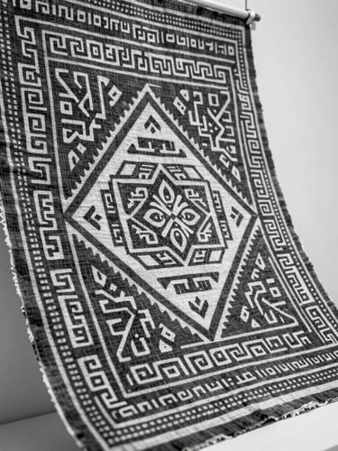 High-contrast monochrome close-up of textile artist Anwar Khan inspecting an indigo-dyed tapestry, soft gallery lighting, showing intricate block-printed geometric patterns.
