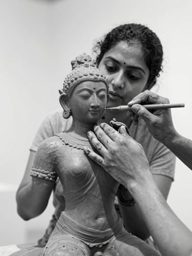 High-contrast black and white photograph of sculptor Sunita Devi carving a terracotta figure, hands covered in clay, soft north-facing studio light, focus on the texture of clay.