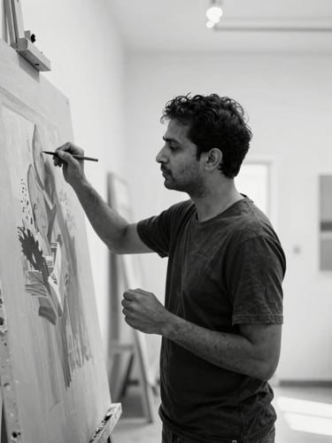 Candid portrait of an Indian contemporary artist working on a large canvas in a sunlit studio, raw textures, soft natural light, focused expression