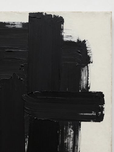 Close-up of a high-contrast contemporary painting, heavy black paint strokes on raw canvas, soft diffused gallery lighting