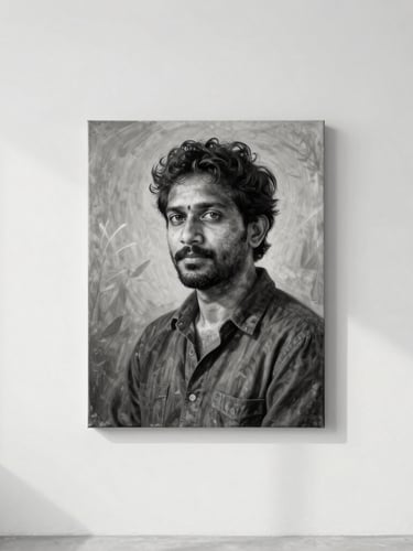 Stark museum-grade environmental portrait of an artist in a white-walled studio in rural India, soft natural north light, highly detailed canvas textures visible