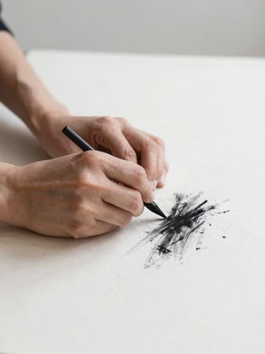 A close-up of a contemporary artist's hands working with charcoal on thick textured handmade paper, soft natural side lighting, minimalist composition.