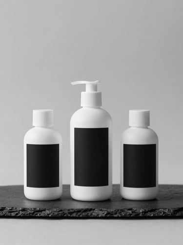 Editorial mockup of three minimalist white cosmetic bottles with stark black labels arranged symmetrically on a dark slate slab, soft gallery light
