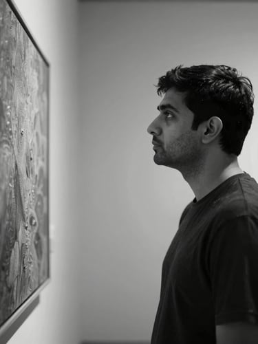 High-contrast monochrome portrait of artist Ramesh Prasad, side profile, looking thoughtfully at a textured canvas, soft diffused studio lighting, deep shadows.