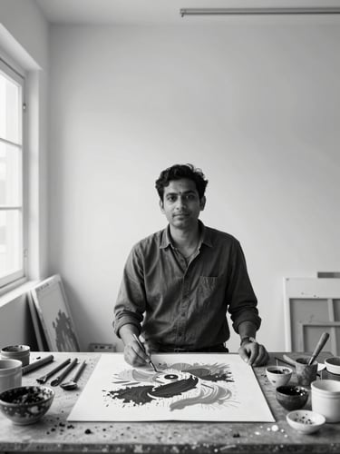 A respectful, candid portrait of an Indian contemporary artist working in a sunlit rural studio. Surrounded by raw canvases, natural pigments, and hand-made tools under soft north-facing window light.