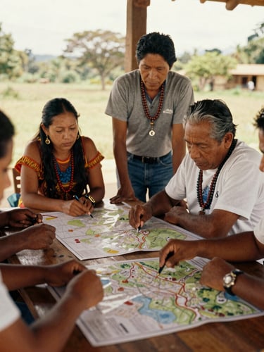 A collaborative community workshop in Colombia, Afro-descendant leaders discussing maps on a wooden table, warm golden-hour light, dignified documentary style