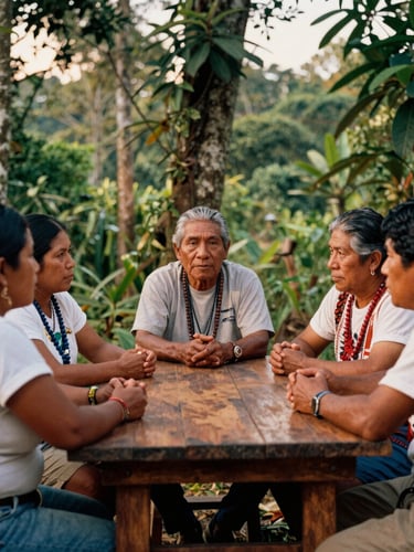Dignified medium shot of an indigenous community assembly in the Colombian rainforest, warm natural golden-hour light, people actively discussing around a wooden table, rich earthy tones, documentary style.