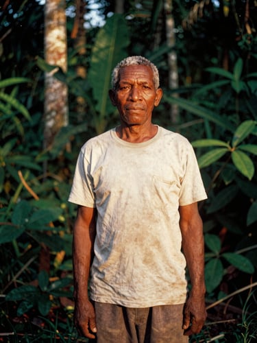 Dignified environmental portrait of an Afro-descendant community leader standing proudly in a lush tropical forest, warm golden hour light, medium format film, rich earthy tones