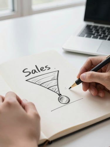 A close-up of hands sketching a sales funnel diagram on a paper notebook, surrounded by a laptop and bright morning window light, professional editorial style