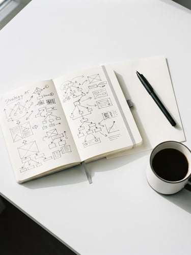 Top-down clean workspace with a neat notebook displaying strategy sketches, a black pen, and a coffee cup on a bright white desk, high contrast, natural light