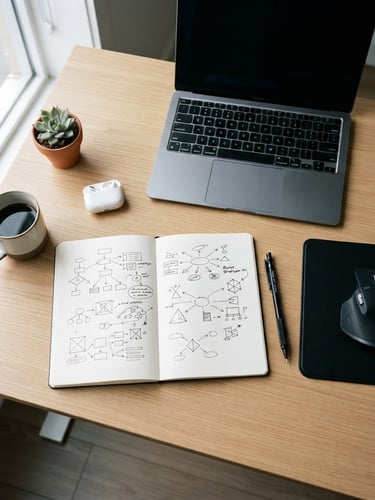 Overhead angle of a clean modern desk setup, a notebook with crisp strategy sketches, natural daylight with high contrast, 35mm