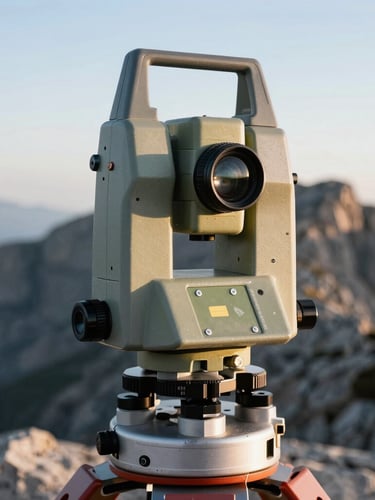 Extreme close-up of a high-tech robotic theodolite, crisp morning light, Mount Canigou's rocky ridges blurred in the background
