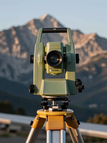 Vue rapprochée d'un théodolite de précision sur trépied, orienté vers le massif du Canigou sous la lumière tranchante du matin, lignes de crête nettes.