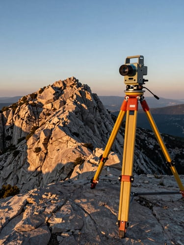 Vue aérienne rasante du massif du Canigou au lever du soleil, un théodolite de précision monté sur trépied au premier plan à droite, ombres nettes dessinant le relief rocheux.