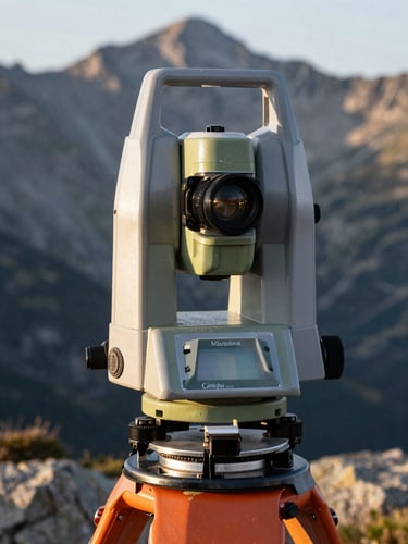 Extreme close-up of a modern robotic total station surveying instrument, orange accents, sharp morning light, rugged mountain peaks of Mount Canigou blurred in the far background.