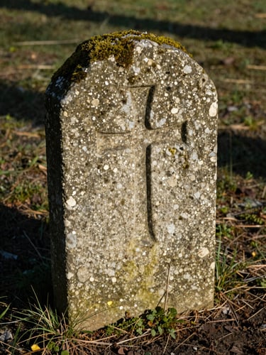 Close-up shot of an old stone boundary marker engraved with a cross, partially covered in moss, embedded in the earth under sharp morning shadows.