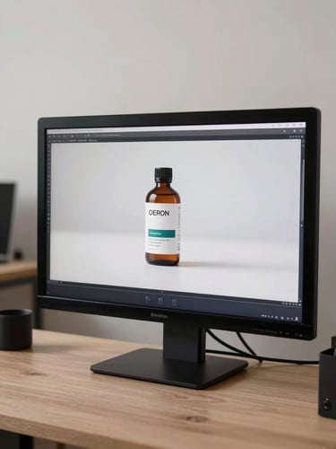 Wide studio monitor displaying a clean promotional video frame — a small-business product shot, daylight-neutral lighting, full-bleed frame on screen, functional edit bay visible in background left edge