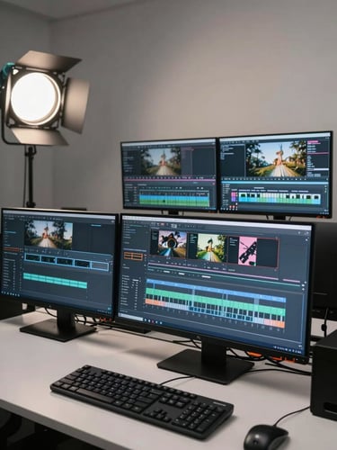 Wide shot of a professional video editing bay, multiple monitors displaying color-graded footage in neutral daylight, clean desk surface with a keyboard in the foreground, functional workspace, cool studio light from the left