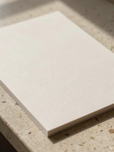 Close-up of corporate stationery on a raw travertine stone surface, soft natural shadows, warm earth tones, editorial photography, 50mm lens