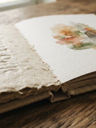 Macro shot of a high-end printed brand book, tactile paper textures, soft natural window light, muted earth tones, 50mm lens