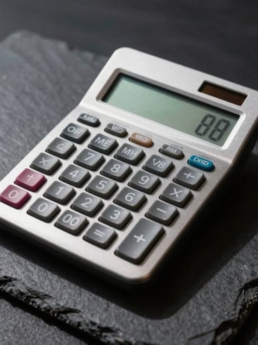 Macro shot of a vintage Dieter Rams calculator on a dark slate surface, stark high-contrast studio lighting, sharp defined shadows.