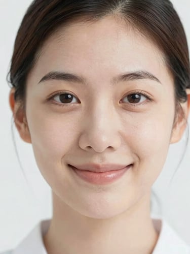 Clinical daylight portrait of a person with clear, healthy skin smiling, soft natural lighting, sterile white background, macro depth of field