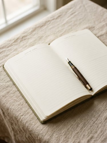 An open scripture journal on a textured linen tablecloth, soft morning light casting gentle shadows, a fountain pen resting in the margin.