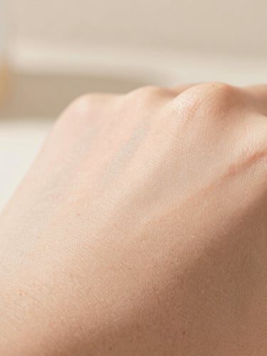 Macro close-up of clean, healthy skin with natural texture, soft focus background with warm neutral tones, soft natural daylight, 35mm editorial photography